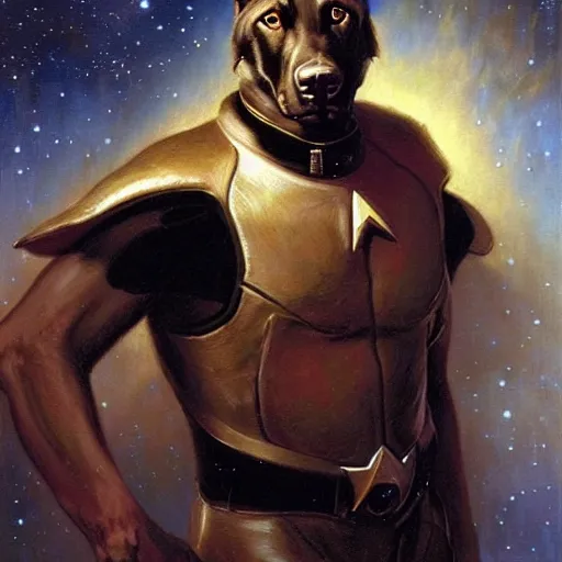 Prompt: a portrait of a manly and muscular black german shepherd dogman canine, star trek the next generation. highly detailed painting by gaston bussiere, craig mullins, j. c. leyendecker, furry