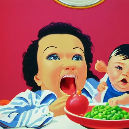 Image similar to hyper realistic hight detailed grandmother with a big mouth eating a baby on the table in the russian kitchen on the wall hangs a rug, style by hiroshi nagai, bright colors