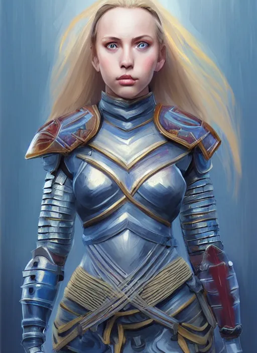 Prompt: full - body portrait of slavic young woman warrior, extremely detailed face, beautiful face, blonde hair, blue eyes, leather armour, digital painting, true anatomy, by valerian city of a thousand planets, by ruan jin #, by mandy jurgens #, by artgerm #, william - adolphe bouguerea #