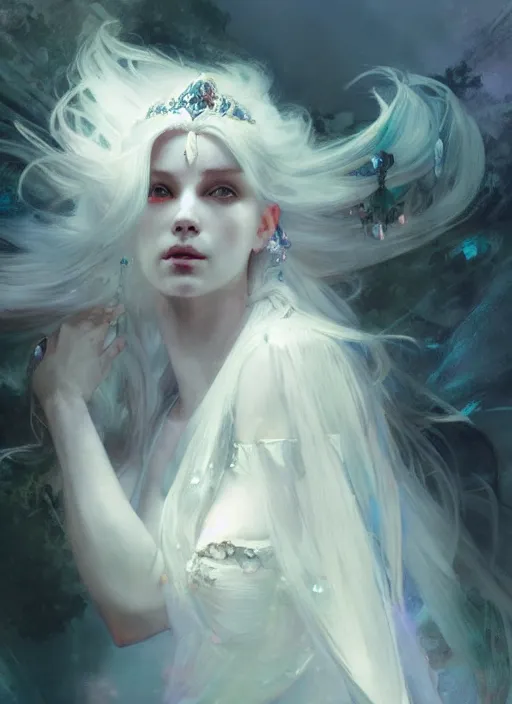 Image similar to a beatiful white haired princess, adorned with precious stone jewelry, intricate concept art, ethereal, ominous, dramatic lighting, Ruan Jia and Jeremy Mann and Alphonse Mucha