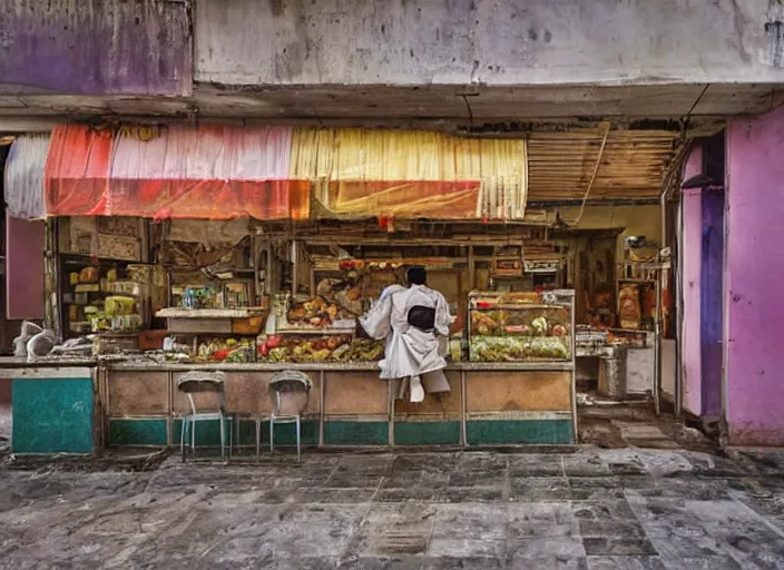 Image similar to time and war have destroyed any recognizable features of this forgotten shrine of easily - accessible food. pastel - colored plastics litter the building, and the skitter of creatures that are new to this world can be heard in the shadows of the restaurant by inceoglu ismail