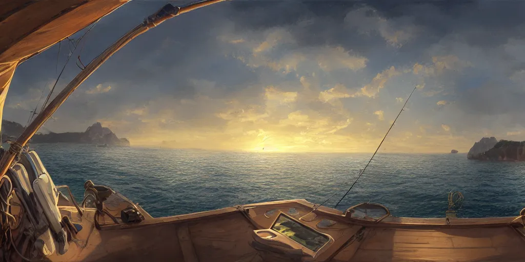 Prompt: looking out from a small dinghy on the water, low angle from water pov, wide angle, sunset, a mediterranean phoenician fishing village in the distance, over a chalk cliff, highly detailed, digital painting, artstation, concept art, sharp focus, illustration, art by artgerm and greg rutkowski and raphael lacoste and magali villeneuve