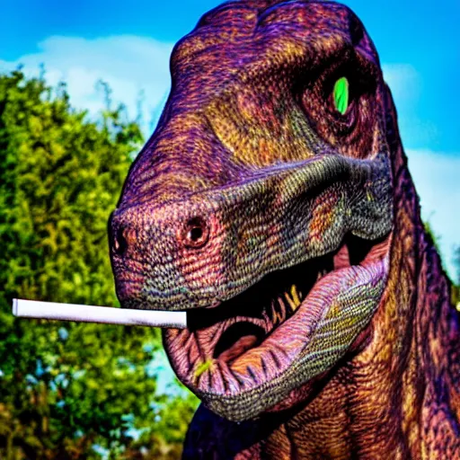 Image similar to dinosaur smoking a cigarette in their mouth realistic hdr professional shot