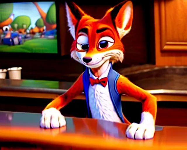 Image similar to Nick Wilde (from Zootopia) dressed in his usual outfit, sitting right across the bar from you.