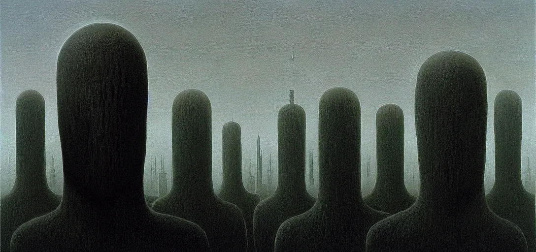 Image similar to deep shadows horror dystopian surreal painting of a single eerie head statue surrounded by buildings by zdzisław beksinski