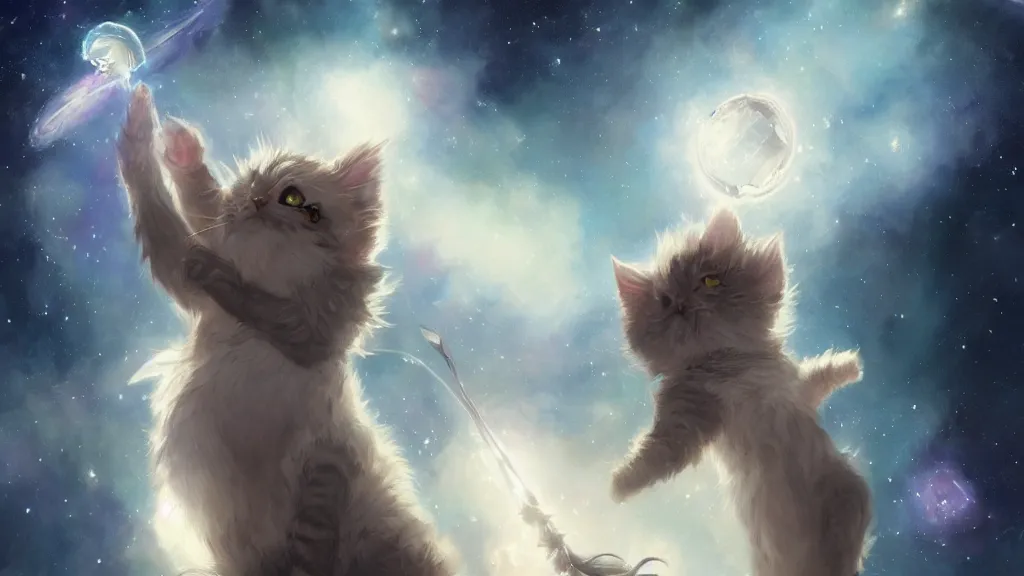 Image similar to a single cartoonish kitten dressed as Gandalf floating in space, bright stars, anime, a fantasy digital painting by Greg Rutkowski and James Gurney, trending on Artstation, highly detailed