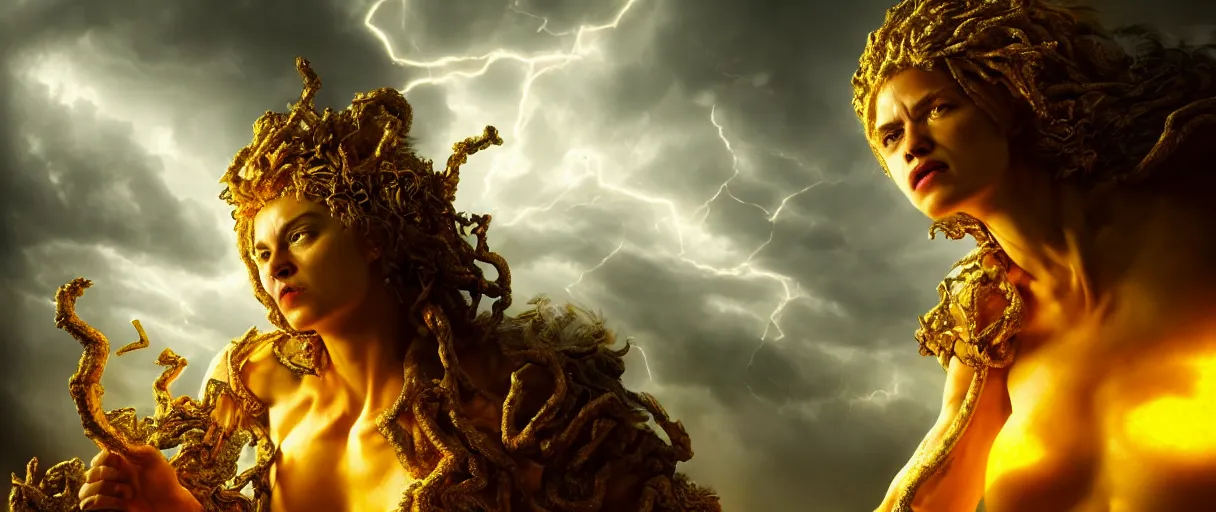 Image similar to hyperrealist highly detailed neo-baroque god as an angry amazon woman crushing earth into pieces concept art pascal blanche key sage dramatic yellow lighting 8k wide angle shallow depth of field