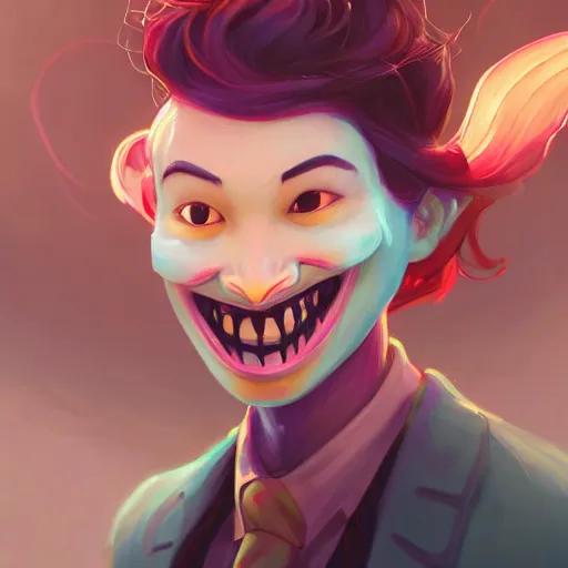 Image similar to a portrait of a cinematic still of the happy mask salesman, art by lois van baarle and loish and ross tran and rossdraws and sam yang and samdoesarts and artgerm and saruei and disney, digital art, highly detailed, intricate, sharp focus, trending on artstation hq, deviantart, unreal engine 5, 4 k uhd image