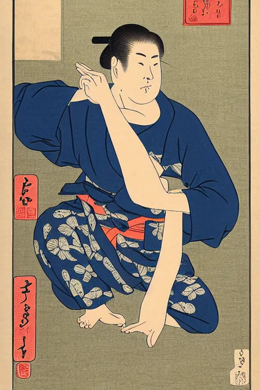 Image similar to Ukiyo-e art of gopnik squatting under birch