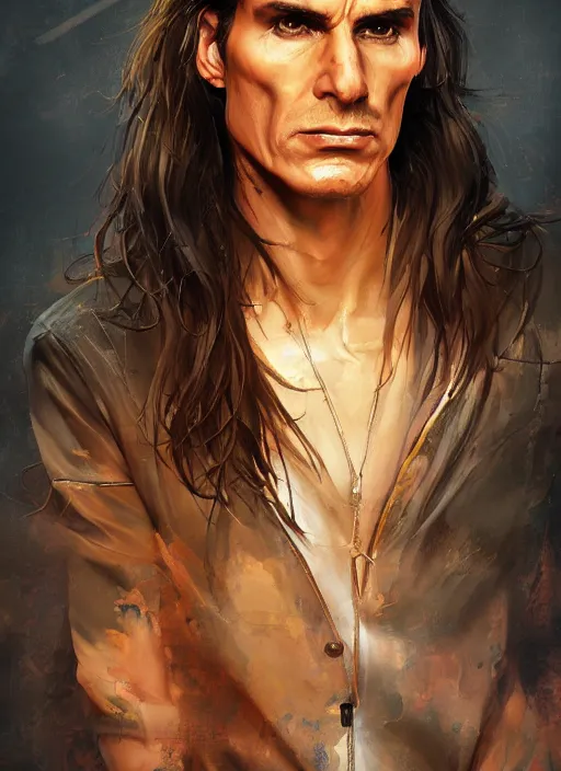 Prompt: steve vai painted by stjepan sejic, golden hour cinematic, detailed matte painting, realistic portrait, symmetrical, highly detailed, digital painting, artstation, concept art, smooth, sharp focus, illustration, cinematic lighting, 8 k resolution