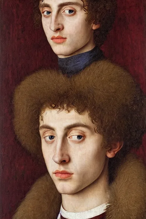 Image similar to portrait of timothee chalamet, oil painting by jan van eyck, northern renaissance art, oil on canvas, wet - on - wet technique, realistic, expressive emotions, intricate textures, illusionistic detail