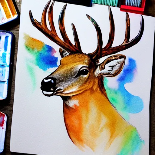 Image similar to water color and pen, high resolution, detailed, trending on artstation, deer