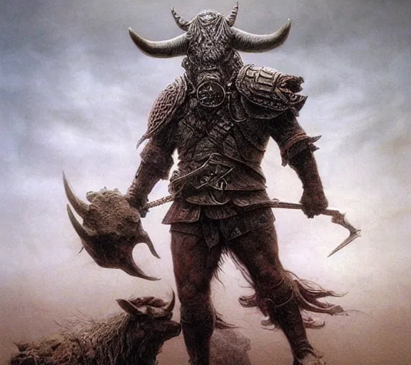 Image similar to bull headed warrior, minotaur concept art, beksinski, wayne barlowe, adrian smith fantasy art, the hobbit art, lord of the ring art, the witcher concept art, trending on artstation, game of throne art