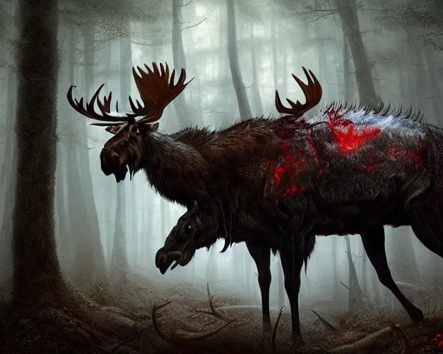 Image similar to 5 5 mm portrait photo of an armored demonic undead rotting moose with red eyes antlers and looking at the camera, in a magical forest. magical atmosphere. art by greg rutkowski and luis royo. highly detailed 8 k. intricate. lifelike. soft light. nikon d 8 5 0.