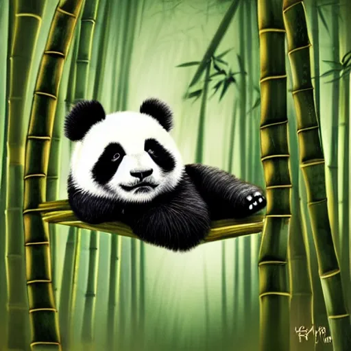 Prompt: A baby panda sleeping in a bamboo forest ,it is raining, night time , peaceful atmosphere, moody lighting , digital art , highly detailed , high contrast, beautiful lighting, award winning , trending on art station, photorealistic, 8k