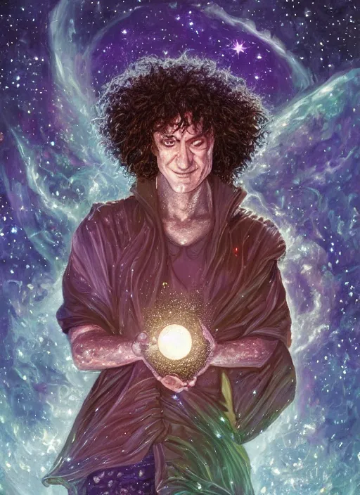 Image similar to high intricate mixed art of the sandman holding a glimmering galaxy, full shot, neil gaiman, maria panfilova, andrea savchenko, mike kime, ludovic plouffe, qi sheng luo, oliver cook, julian calle, eddie mendoza, trending on artstation