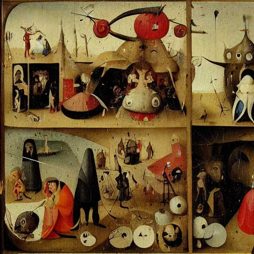 Prompt: random objects and chaos, Wimmelbilder, Hieronymus Bosch, iSpy