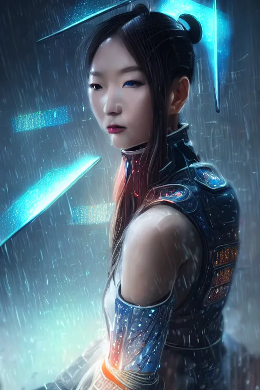 Image similar to portrait futuristic wuxia armor heroine Girl with thunder and fire sparkles and starlight, fighting in future cyberpunk tokyo heavy rainning rooftop , ssci-fi, fantasy, intricate, very very beautiful, elegant, human structure, neon light, highly detailed, digital painting, artstation, concept art, smooth, sharp focus, illustration, art by tian zi and WLOP and alphonse mucha