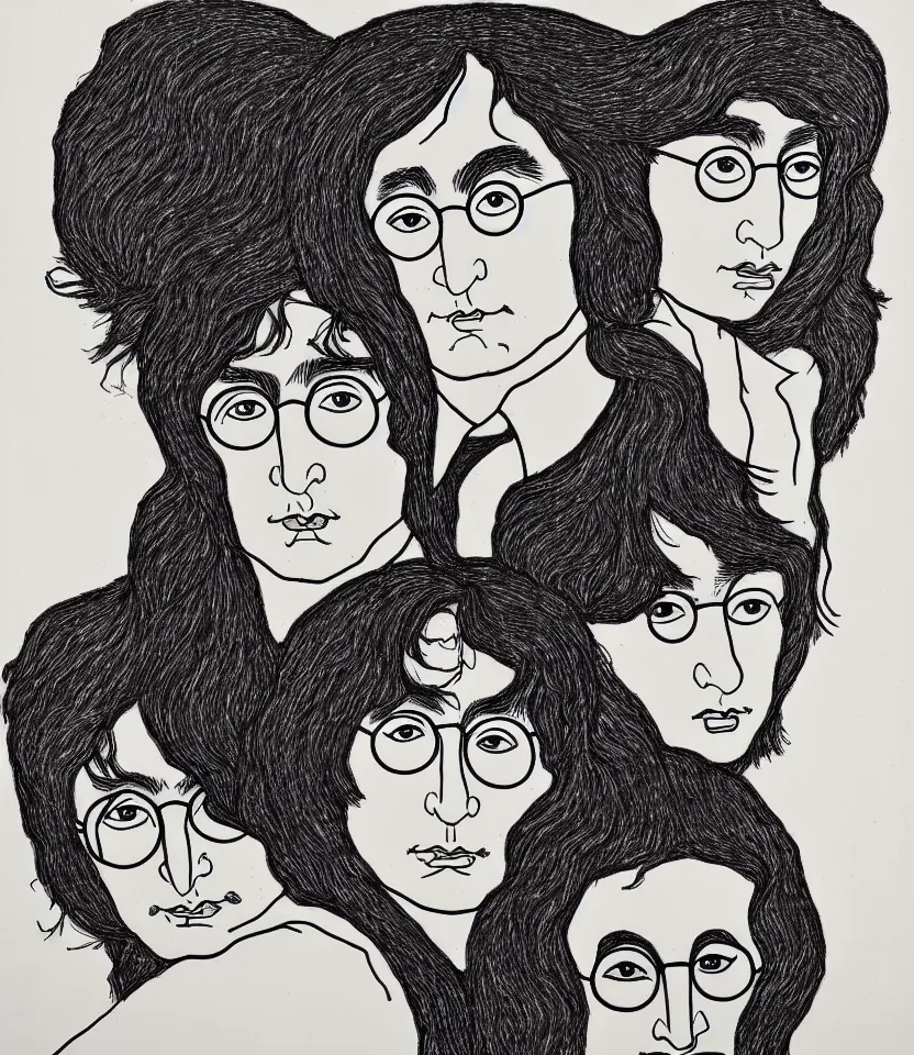 Image similar to elegant intricate line art portrait of john lennon and yoko ono. inspired by egon schiele. contour lines, graphic musicality, twirls, curls, curves, strong confident personality, staring at the viewer