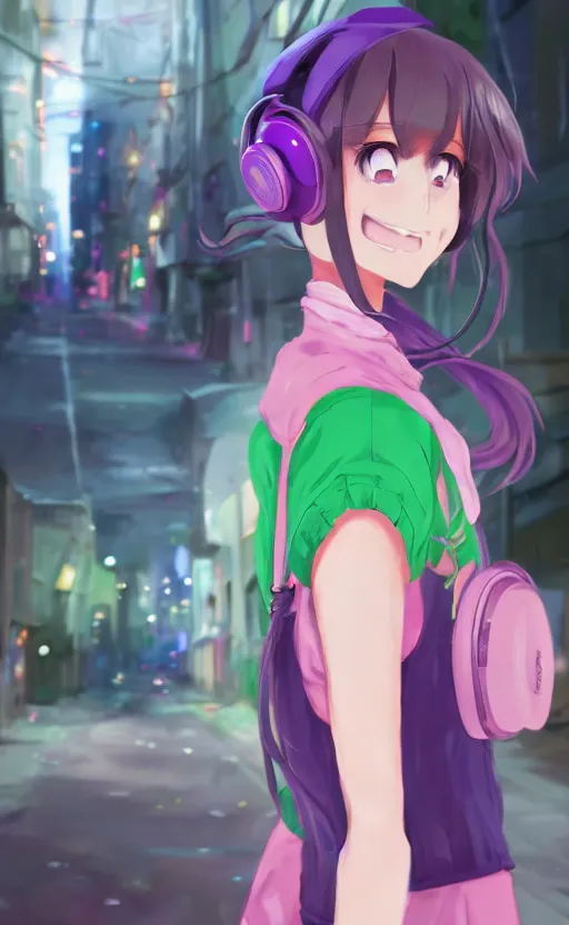 Image similar to anime girl with pink ponytail, wearing purple headphones, wearing a green sweater, with a smile on her face and her eyes closed, walking down a street, dynamic lighting, photorealistic fantasy concept art, trending on art station, very detailed, anime concept art, stunning visuals, creative, cinematic, ultra detailed