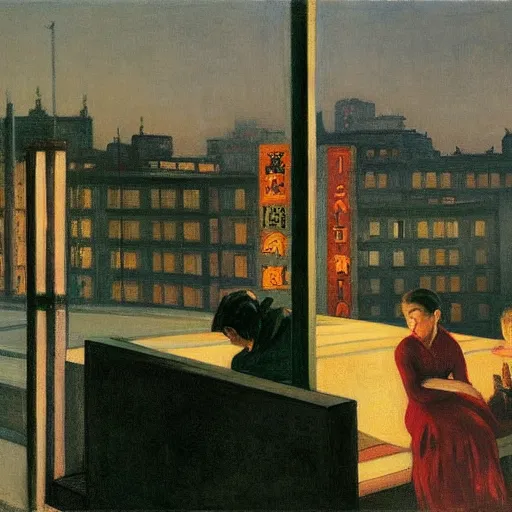 Image similar to a small rooftop with company of people sitting, shanghai bund is on the background, night, by edward hopper