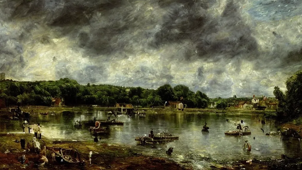 Prompt: portrait of a town by a lake, countryside, victorian, fantasy, cinematic lighting, realistic, highly detailed, painting by john constable