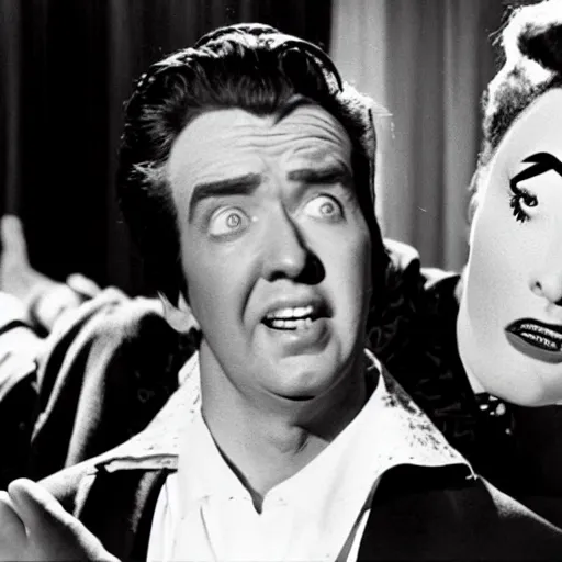 Image similar to scene from the horror picture show with james stewart!!!! james stewart!!!! is acting surprised