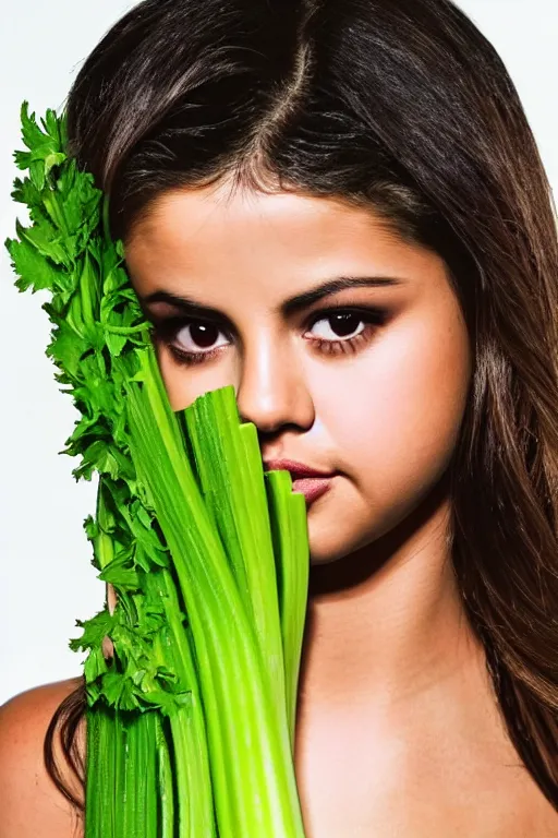 Image similar to selena gomez made out of celery, a human face with celery for hair, celery in the shape of a human face, a bunch of celery sitting on a cutting board, professional food photography, selena gomez wearing green face paint