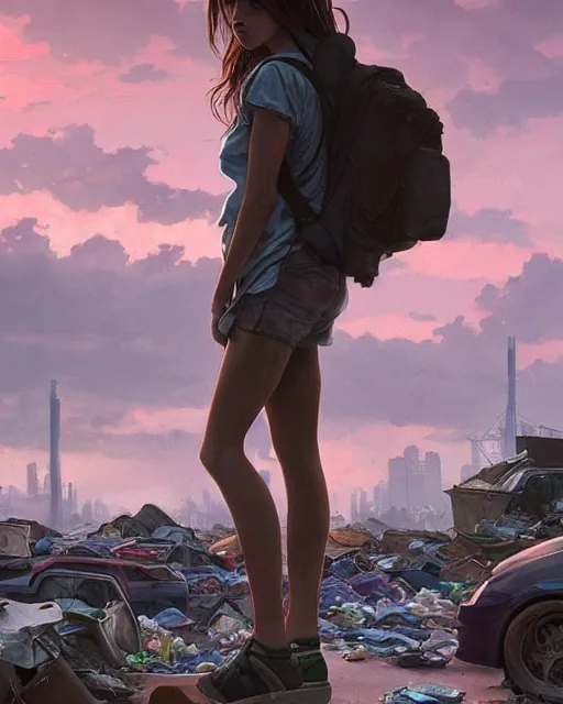 Image similar to poor detailed girl with backpack standing at cars looking for food at garbage dump, destroyed cars, city is pure wasteland, moody sunset in background, high details, photorealism, cinematic, greg rutkowski, alphonse mucha, trending on artstation, artgerm, unreal engine, breathtaking, award winning, highly detailed