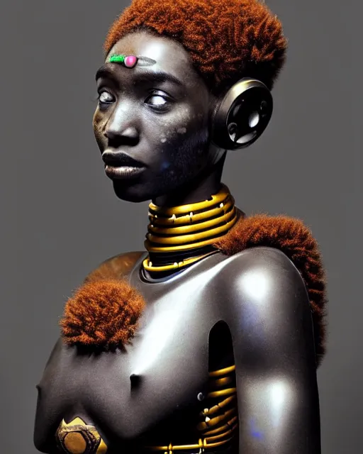 Prompt: beautiful afrofuturistic himba woman holding her helmet, otjize, led detailed spacesuit, himba hairstyle, robotic arms, hyperrealistic, scifi, retouched photograph, dark, muted colors