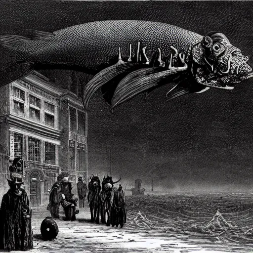 Prompt: Innsmouth, Shadow over Innsmouth, fish in a tuxedo, H.P. Lovecraft, dark clouds, dark, eerie, dystopian, city, eldritch, illustration by Gustave Doré