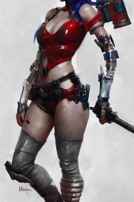 Image similar to portrait of Harley Quinn in bikini armor, dc comics, cyberpunk, Warhammer 40000, dark fantasy, digital art from artstation by Ruan Jia and Mandy Jurgens and Artgerm and william-adolphe bouguereau