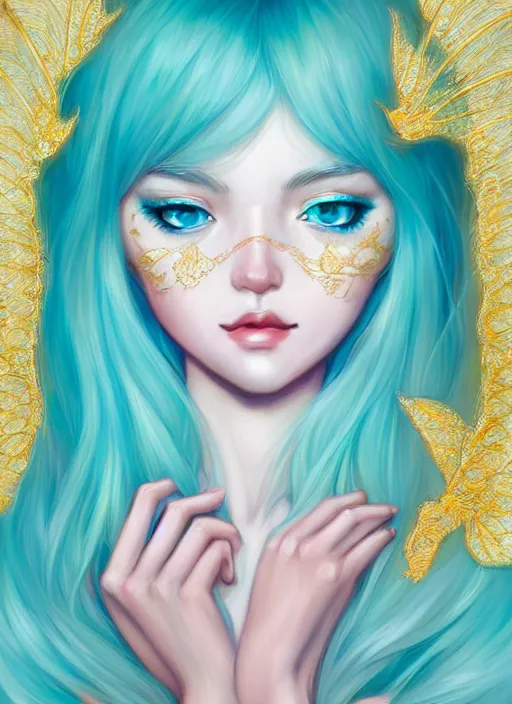 Prompt: dreamlike luxury stunning gorgeous woman fairy portrait, pale turquoise and gold kimono, art by artgerm, wlop, loish, ilya kuvshinov, 8 k hyperrealistic, hyperdetailed, beautiful lighting, detailed background, depth of field, symmetrical face, frostbite 3 engine, cryengine,