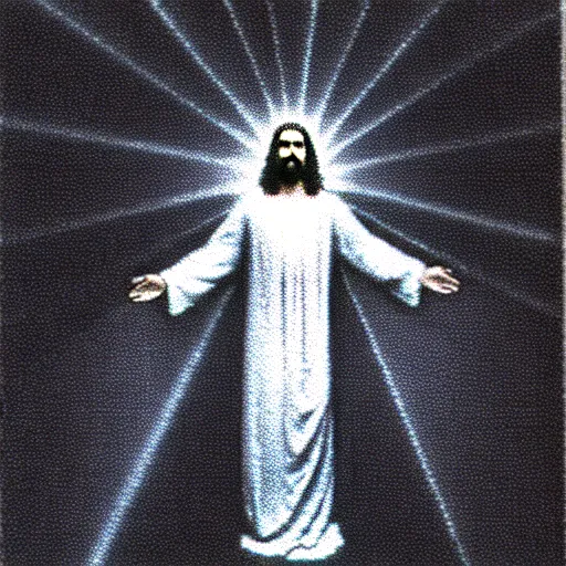 Image similar to vhs static overlay of jesus apparition, vhs, 1 9 9 0, highly realistic, highly detailed, vhs noise static, black and white, vhs glitch