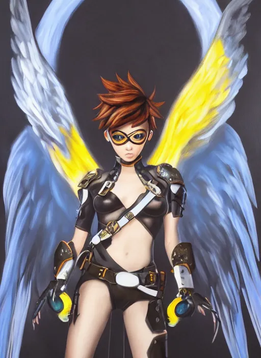 Prompt: full body oil painting of tracer overwatch, angel wings, dramatic painting, symmetrical composition, wearing detailed leather choker, black shiny armor, detailed face and eyes,