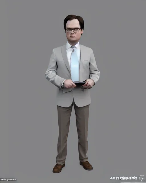 Image similar to full body 3d render of Dwight Schrute, studio lighting, white background, blender, trending on artstation, 8k, highly detailed