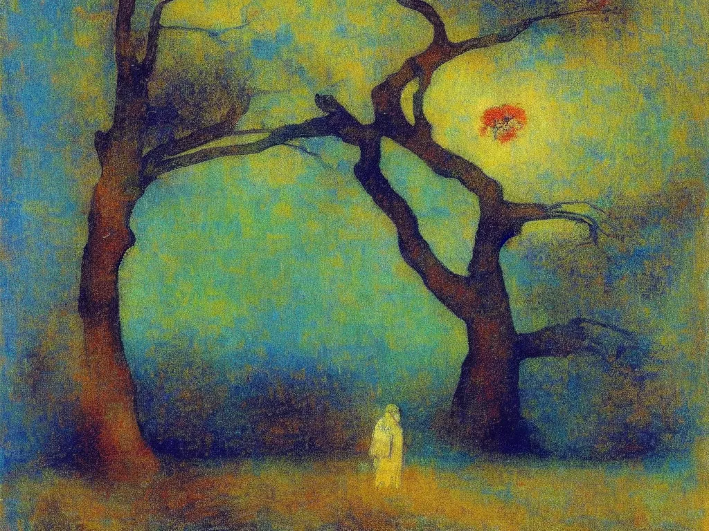 Image similar to portrait of an old tree. painting by odilon redon