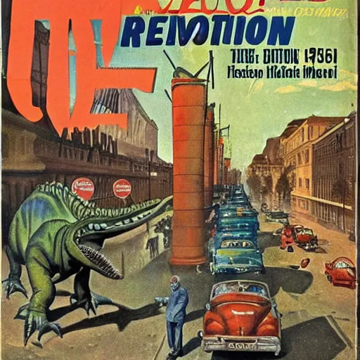 Image similar to dinosaur revolution on the streets of budapest 1 9 5 6, colored time magazine cover art, highly detailed illustration