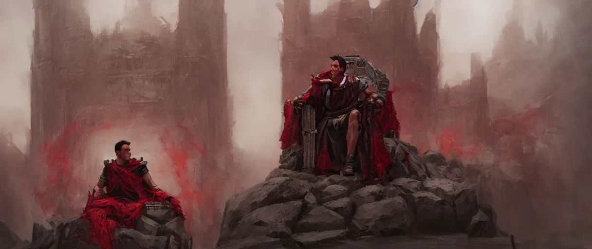 Image similar to the end is near. a tired julius caesar is sitting on his throne. face is highly detailed. splices of red are running down his toga. mist. color scheme red. low angle medium shot. imagined by greg rutkowski and andreas rocha