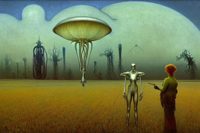 Prompt: realistic extremely detailed portrait painting of a ghost farmer, single house in a plain field and single ufo in the background, futuristic sci-fi forest by Jean Delville, Amano, Yves Tanguy, Alphonse Mucha, Ernst Haeckel, Edward Robert Hughes, Roger Dean, rich moody colours, 4k octane render, blue eyes