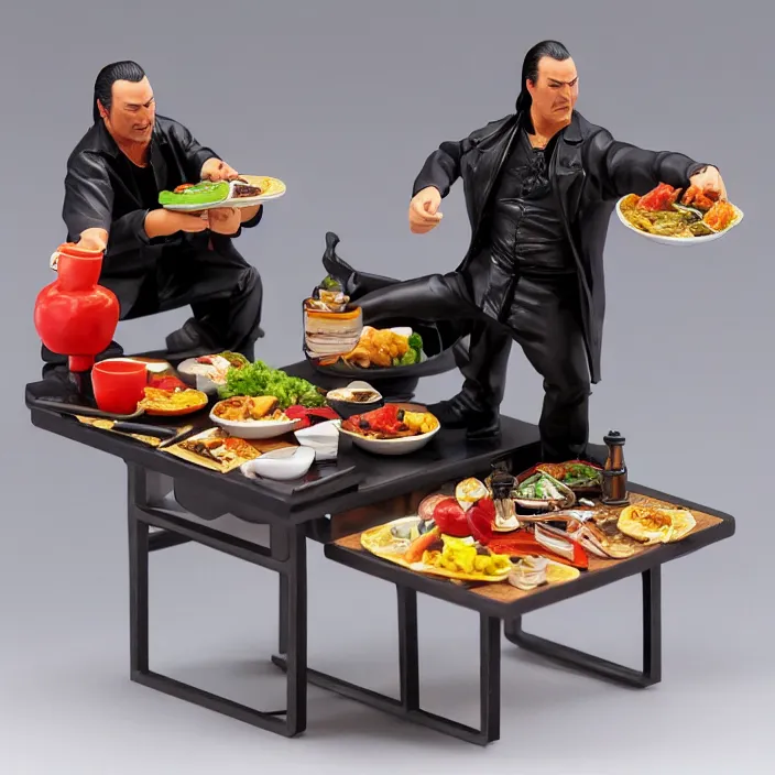 Prompt: detailed figure of steven seagal from asian connection flipping over a table of food, first 4 figures, diorama, detailed product photo