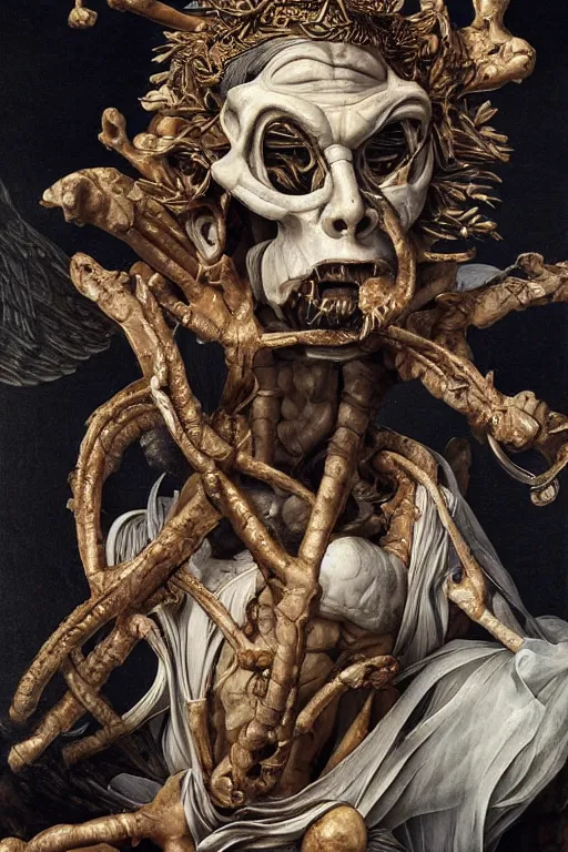 Image similar to Detailed maximalist portrait a Greek god with large white eyes and an angry face, fleshy skeletal body, HD mixed media 3d collage, highly detailed and intricate, surreal illustration in the style of Caravaggio, dark art, baroque