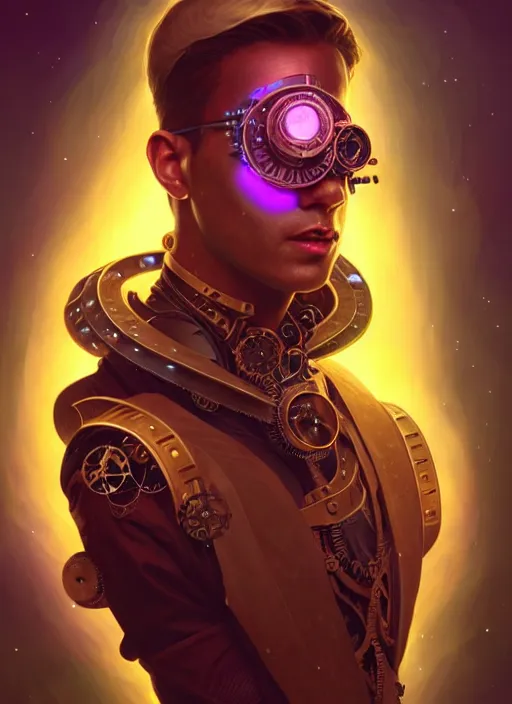 Image similar to a male steampunk faceless glowing liquefied stardust adventurer, dnd fantasy character, full body portrait, glowing neon skin, magical aura, ultra realistic, intricate, elegant, highly detailed, digital painting, artstation, smooth, sharp, focus, illustration, art by artgerm and greg rutkowski and alphonse mucha and dan mumford, sacred geometry, psychedelic