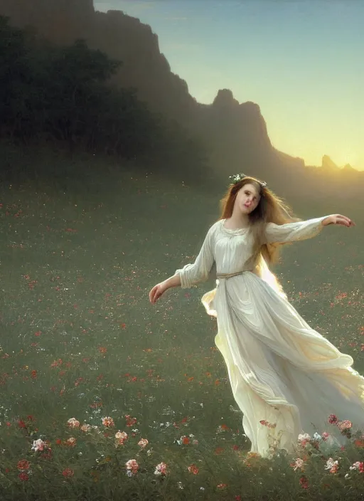 Prompt: oil painting portrait of a young woman with long flowing hair in a white dress, dancing through a field of flowers at sunset with mountains in the background, hazy, digital art, chiaroscuro, artstation, cinematic, golden hour, digital art painting by greg rutkowski, william - adolphe bouguereau, hazy atmosphere, flowers, cinematic lighting