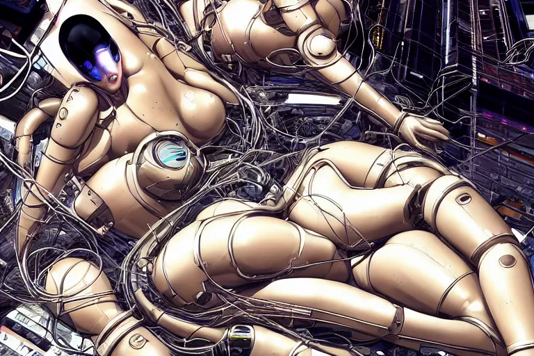 Image similar to a finely composed cyberpunk illustration of a group of female androids in style of hajime sorayama, lying on an abstract, empty, white floor with their body parts scattered around and cables and wires coming out, by katsuhiro otomo and masamune shirow, hyper-detailed, intricate, colorful, view from above, wide angle, close up, beautiful