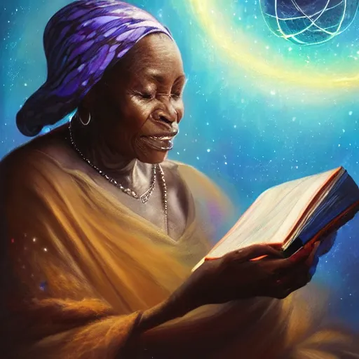 Image similar to an elder african psychic woman reading her crystal ball while holding a book of spells under a meteor shower, greg rutkowski and android jones and amanda sage, oil on canvas, 8k