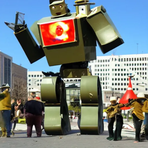 Image similar to giant toy soldier robot destroying a city