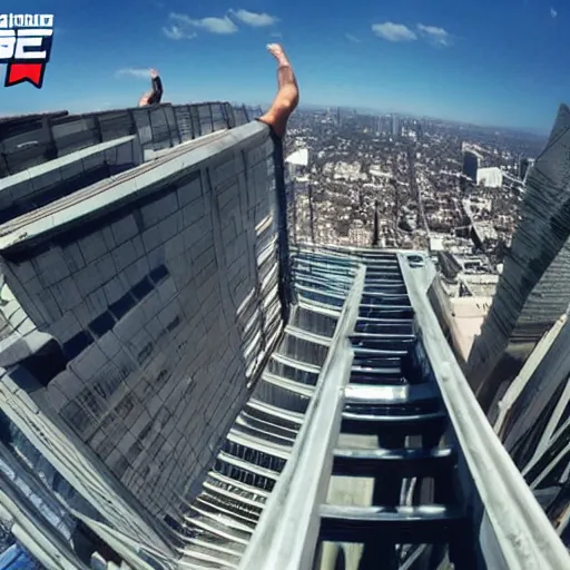 Image similar to first person perspective pov of parkour at high buildings