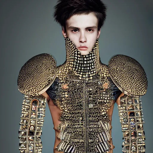 Prompt: a portrait of a beautiful young male wearing an alexander mcqueen armor made of circuits, photographed by andrew thomas huang, artistic