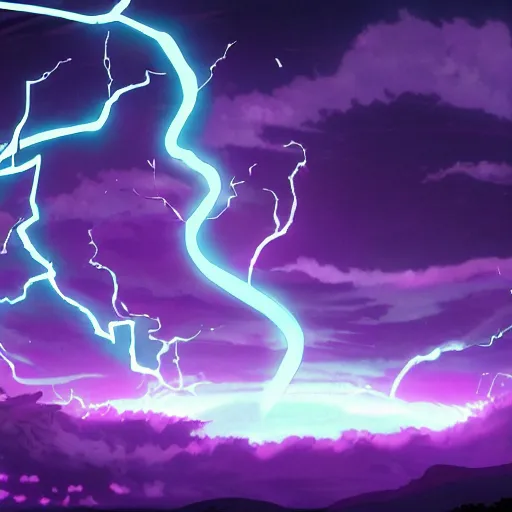 Prompt: snakes of purple lightning striking at the darkness, anime,